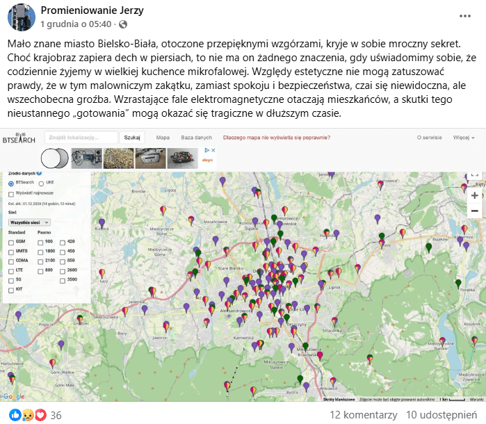 Zrzut ekranu z wpisu, który opisywał wpływ masztów telekomunikacyjnych w Bielsko-Białej.