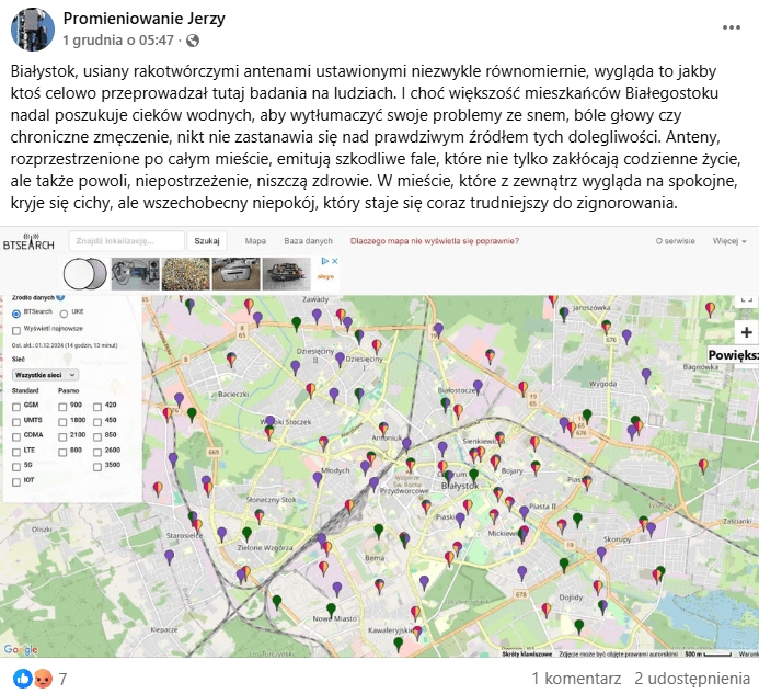 Zrzut ekranu z wpisu, który opisywał wpływ masztów telekomunikacyjnych w Białymstoku.