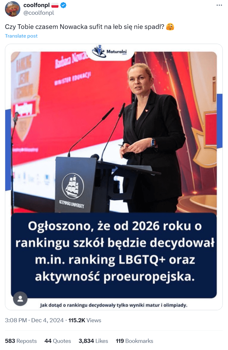 Zrzut ekranu wpisu na X, w którym wskazano, że za zmiany w rankingu odpowiada Barbara Nowacka, stojąca na czele ministerstwa edukacji.