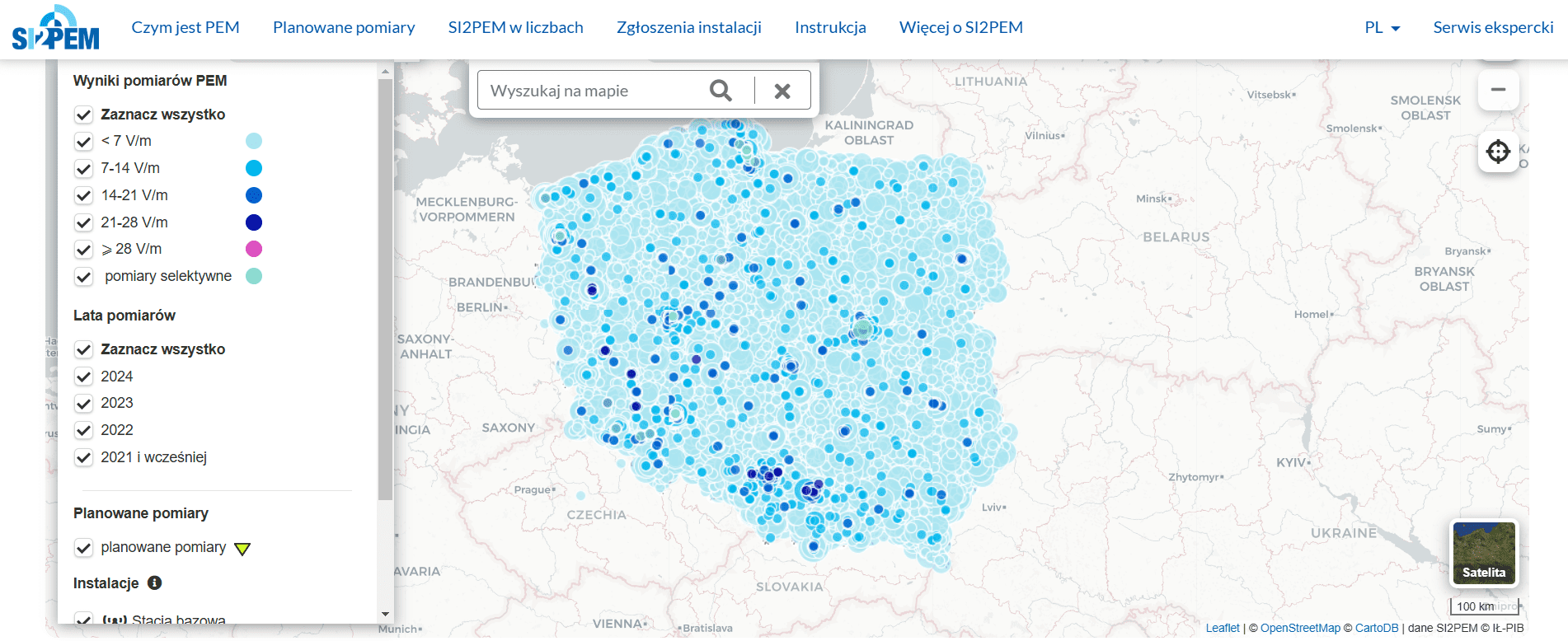 Mapa pomiarów PEM w Polsce – widać na niej, że normy nie są przekroczone.