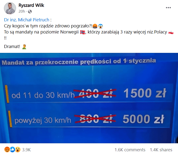 Zrzut ekranu wpisu Ryszarda Wilka, w którym poinformowano o tym, że polskich kierowców czekają zmiany w zakresie wysokości mandatów za przekroczenie prędkości.