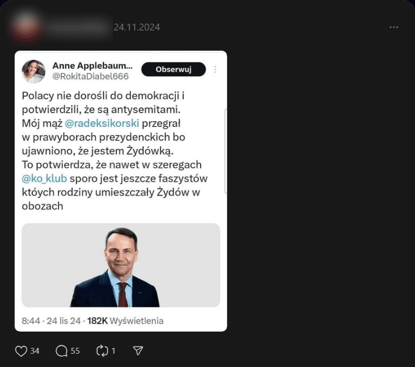 Zrzut ekranu z wpisu na Threads, w którym zamieszczono screen z fałszywego profilu Anne Applebaum.