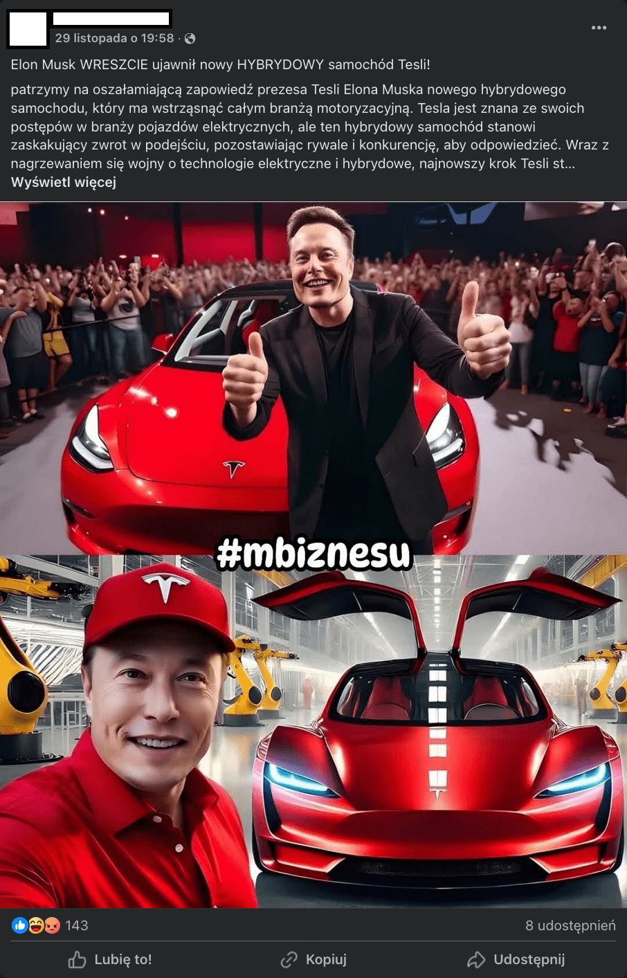 Zrzut ekranu z wpisu na Facebooku, w którym informowano, że Elon Musk ogłosił stworzenie nowego samochodu hybrydowego.