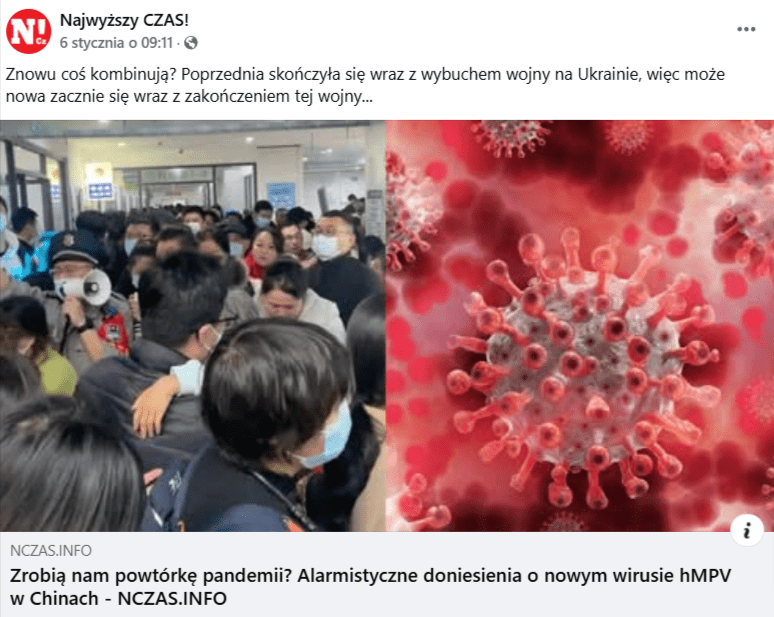 Zrzut ekranu wpisu na Facebooku, w którym poinformowano o ryzyku kolejnej pandemii w związku z pojawieniem się wirusa hMPV. Na dołączonym obrazie widać tłum ludzi (po lewej) oraz wizualizację wirusa (po prawej).