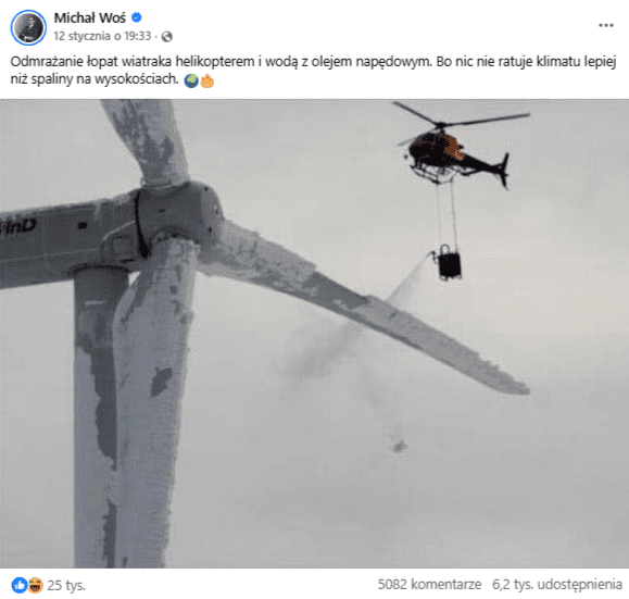 Wpis na profilu Michała Wosia ze zdjęciem helikoptera unoszącego się obok zamarzniętego wiatraka