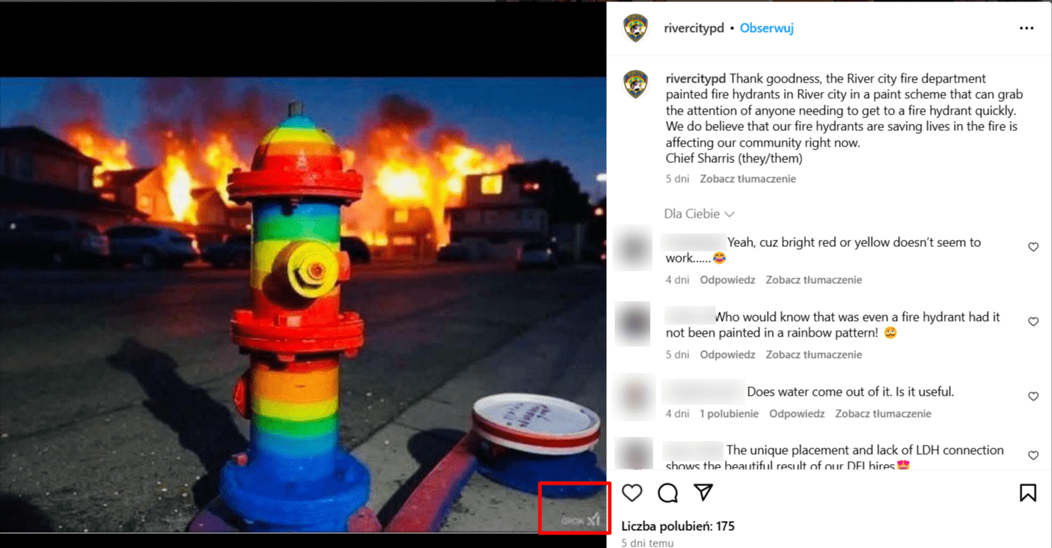 Wpis na Instagramie przedstawiający tęczowy hydrant. Na obrazku na dole w rogu widać logo narzędzia AI Grok. W tle za hydrantem widać palące się domy.