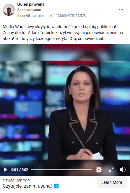 Grafika przedstawia zrzut ekranu z opisywanego nagrania, opublikowanego przez konto Quies pinwena. Przedstawiona jest na nim Diana Rudnik. Post podpisany jest: „Media Warszawy ukryły tę wiadomość przed opinią publiczną! Znany doktor Adam Torbicki złożył wstrząsające oświadczenie po ataku! To dotyczy każdego emeryta! Oto, co powiedział…”. Do wpisu dołączono adres internetowy z podpisem „Czytajcie, zanim usuną!”.