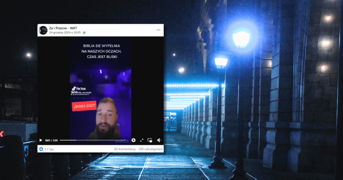 w tle ulica nocą oświetlona lampami i zrzut ekranu z Facebooka z nagrania, w którym mężczyzna mówi o niebieskich światłach na ulicach i tajnym planie czipowania i naświetlania ludzi.