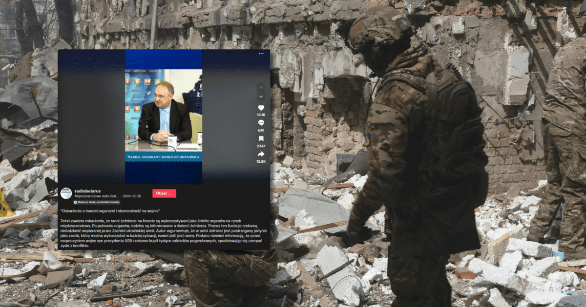 w tle żołnierze w mundurach na gruzach zniszczonych budynków i zrzut ekranu z Tiktoka – na nagraniu mężczyzna w ciemnej marynarce w studiu.