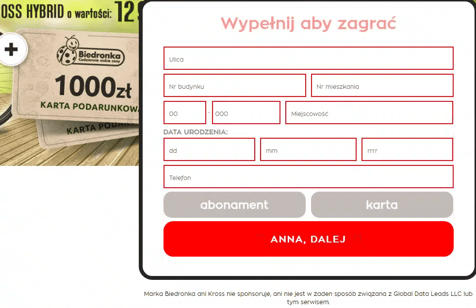 Zrzut ekranu strony internetowej wyłudzającej dane osobowe na podstawie fałszywego konkursu marki Biedronka. 