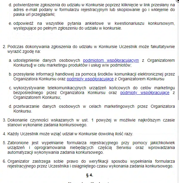 Zrzut ekranu regulaminu konkursu wyłudzającego dane osobowe. 