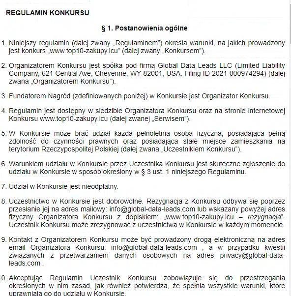 Zrzut ekranu regulaminu konkursu wyłudzającego dane osobowe. 