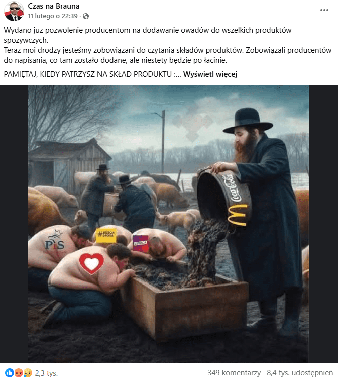 Zrzut ekranu posta na Facebooku. 2,3 tys. reakcji, 349 komentarzy, 8,4 tys. udostępnień.