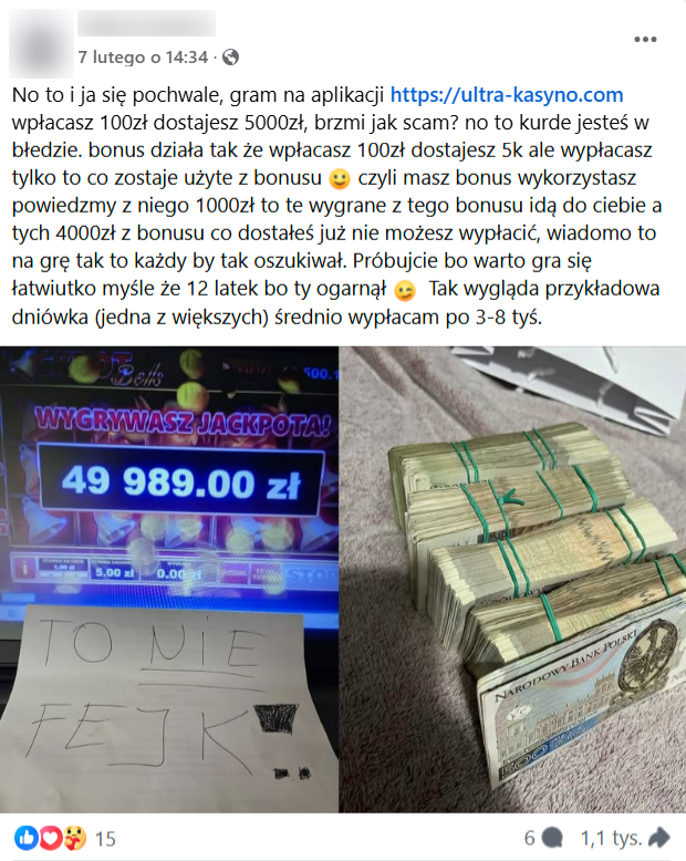 Zrzut ekranu z wpisu na Facebooku. Na zdjęciach gotówka oraz kartka z napisem “to nie fejk”. 15 reakcji, 6 komentarzy, 1,1 tys. wyświetleń. 