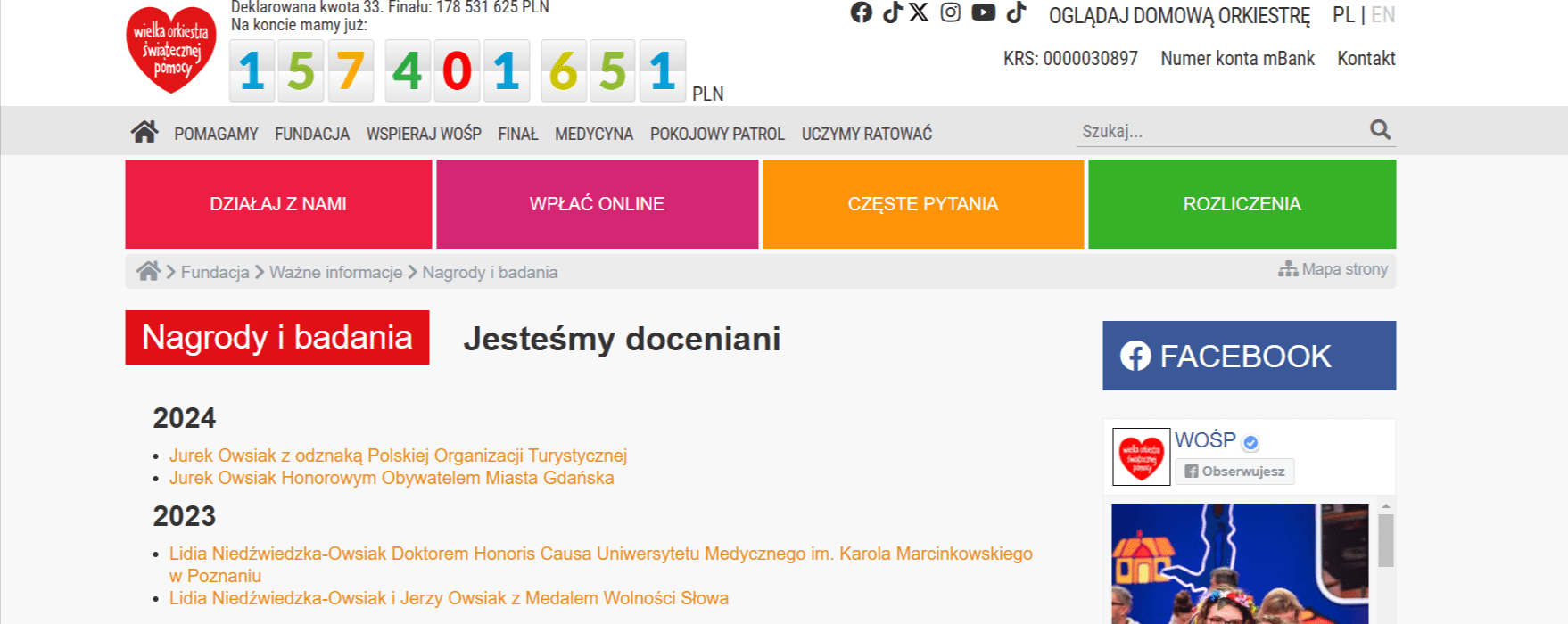 Zrzut ekranu strony WOŚP, na której fundacja opisuje swoje osiągnięcia.
