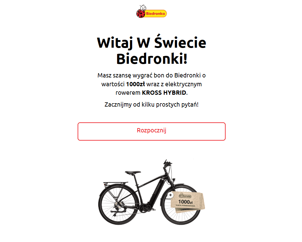 Zrzut ekranu strony internetowej zawierającej treść informującą, że Biedronka nie jest powiązana z organizacją konkursu wyłudzającego dane osobowe. 
