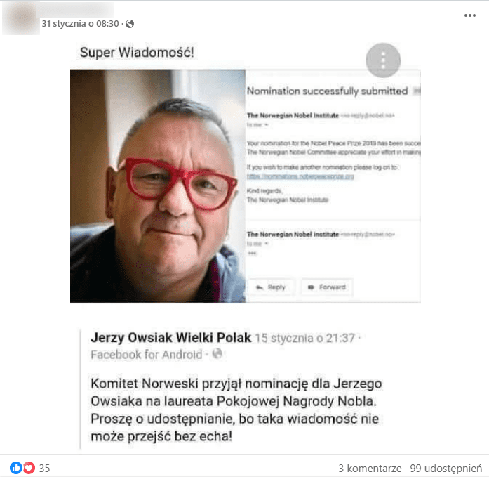 Zrzut ekranu ze wpisu na platformie Facebook, w którym opisana jest rzekoma nominacja Jerzego Owsiaka do Pokojowej Nagrody Nobla.