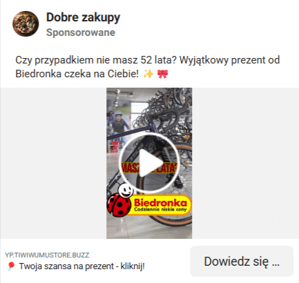 Zrzut ekranu z reklamy na platformie Facebook, w której zawarto link do ankiety mającej na celu wyłudzanie danych osobowych. 