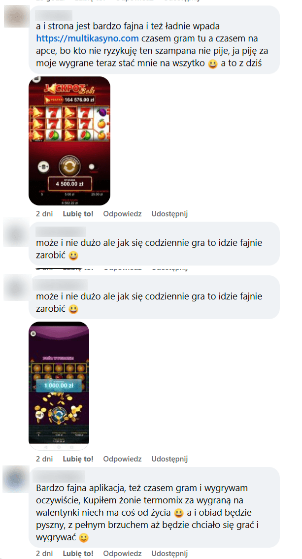 Zrzut ekranu z komentarzy pod wpisem. Informacje o wysokich wygranych użytkowników. 