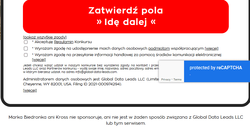Zrzut ekranu strony internetowej zawierającej treść informującą, że Biedronka nie jest powiązana z organizacją konkursu wyłudzającego dane osobowe. 