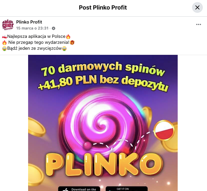 Screen postu promującego aplikację Plinko, który pojawił się na Facebooku