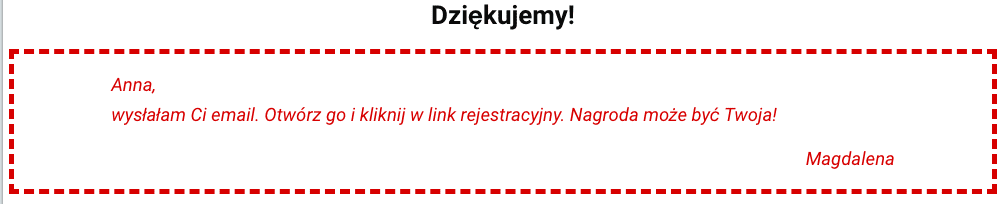 Screen powiadomienia pojawiającego się po wypełnieniu formularza konkursowego 