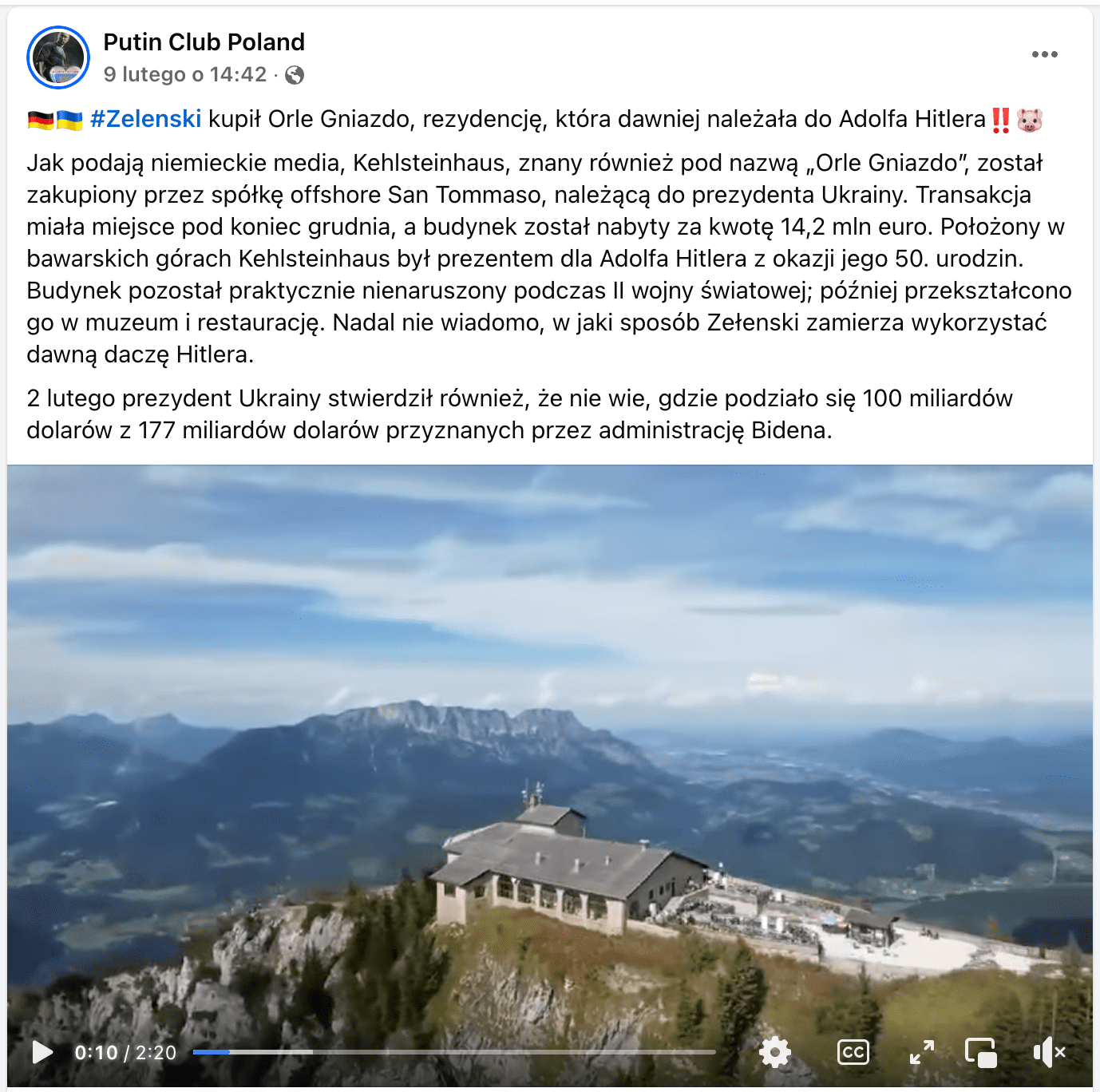 Zrzut ekranu posta na Facebooku. W kadrze udostępnionego filmu widzimy górski krajobraz. Na pierwszym planie znajduje się posiadłość na szczycie skalistej góry: Orle Gniazdo.