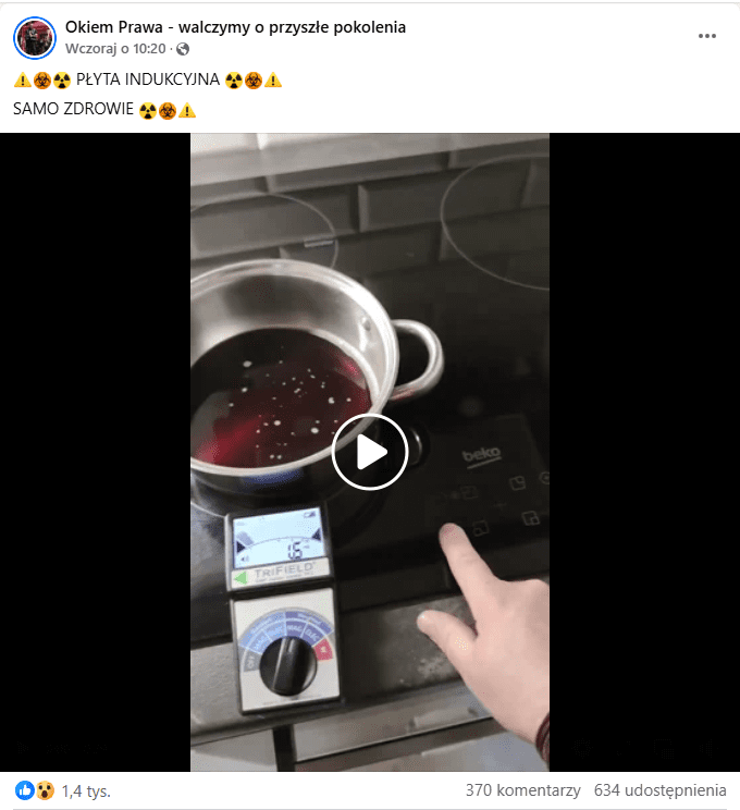 Film na Facebooku - w kadrze widzimy kuchenkę indukcyjną, na której położony jest metalowy garnek z zupą. Obok grzejnika leży włączony miernik promieniowania