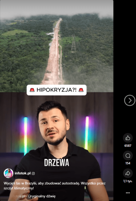 Zrzut ekranu z platformy Facebook, na którym widnieje fragment nagrania, gdzie możemy usłyszeć, że wycięto część lasu amazońskiego w Brazylii ze względu na nadchodzący szczyt klimatyczny COP 30.