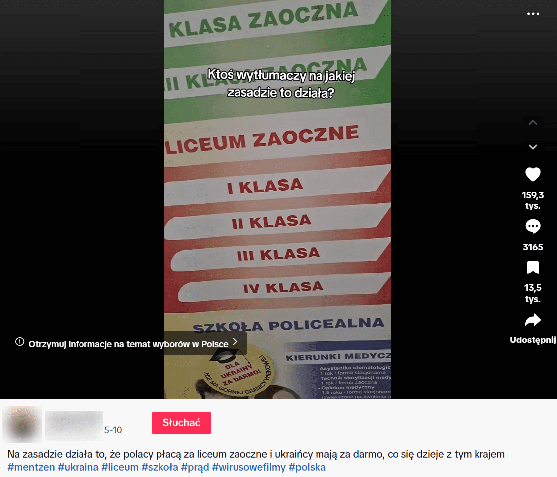 Zrzut ekranu nagrania na TikToku. 159 tys. reakcji, 3165 komentarzy, 13,5 tys. udostępnień.