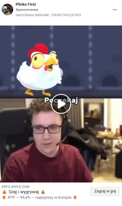 Zrzut ekranu nagrania na Facebooku. Widzimy Dominika Stokłosę streamera o pseudonimie „MokrySuchar” oraz grafikę z gry przedstawiającą białego kurczaka.