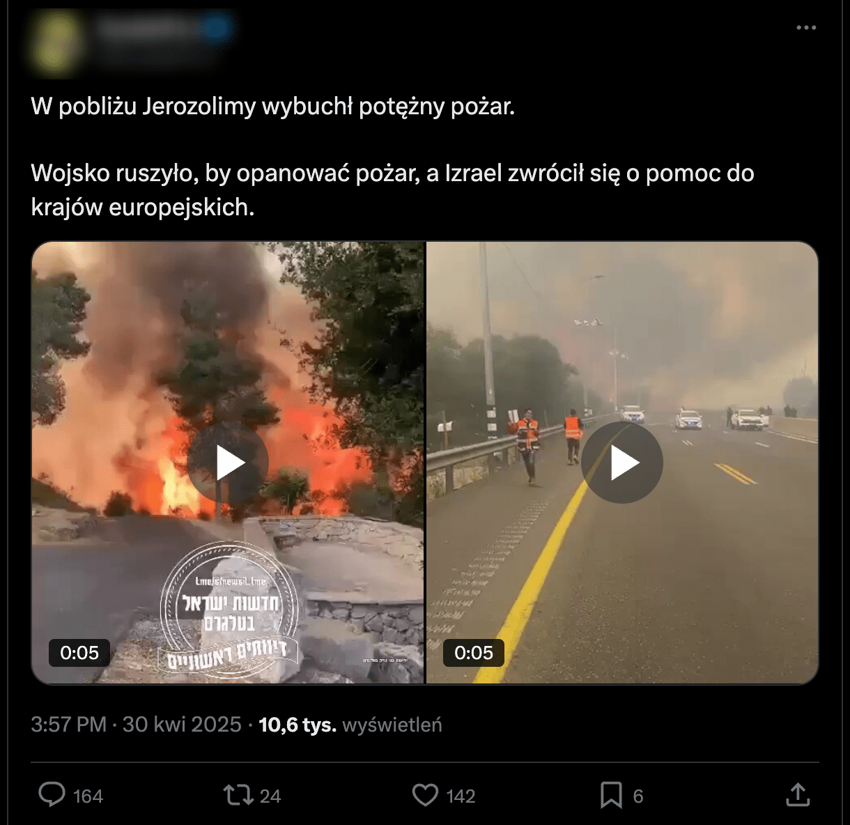 Zrzut wpisu na X, do którego dołączono dwa filmy. W kadrze pierwszego ujęto płonący las. Na drugim – szerokopasmowa ulica, na niej pojazdy, ludzie w kamizelkach ochronnych. W tle unosi się dym.