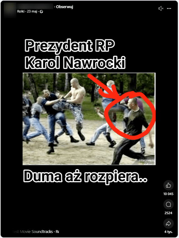  Wpis na Facebooku ze zdjęciem, rzekomo przedstawiajacym Karola Nawrockiego w czasie bójki 