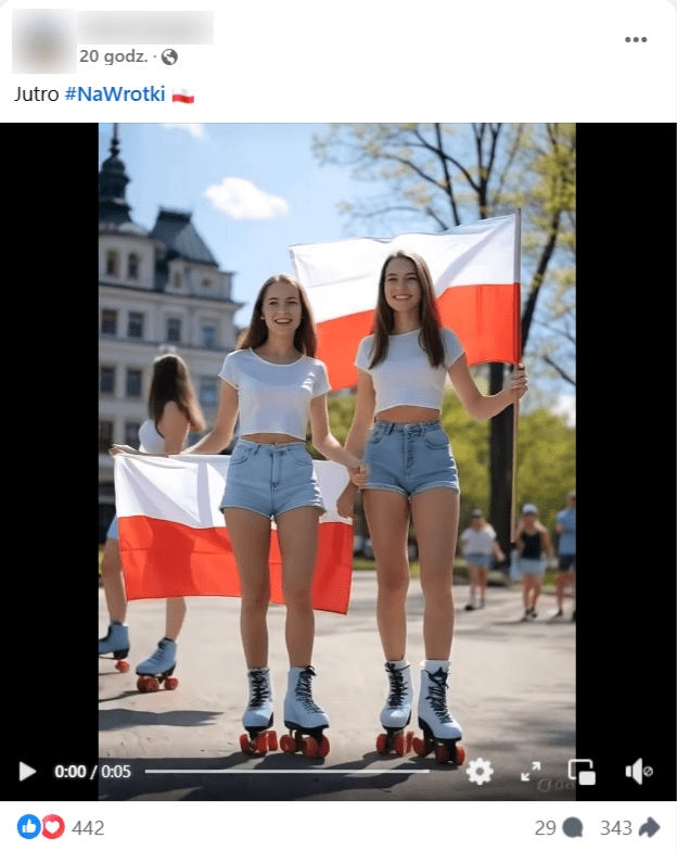 Zrzut ekranu z posta na Facebooku. Kobiety jeżdżące na wrotkach, trzymające biało-czerwone flagi.