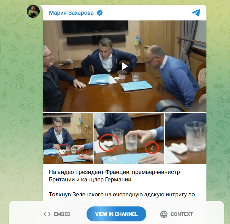 Zrzut ekranu z wpisu na Telegramie, w którym rzeczniczka rosyjskiego MSZ zarzuciła francuskiemu prezydentowi stosowanie narkotyków.