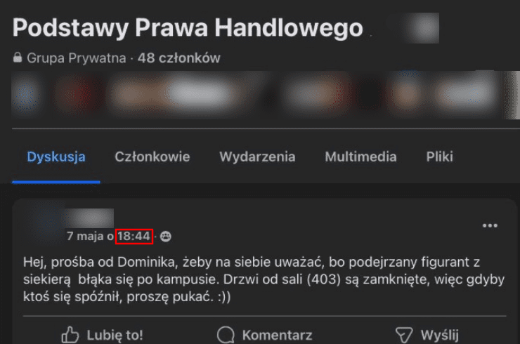 Alt: Zrzut ekranu przedstawiający wpis na grupie studenckiej.