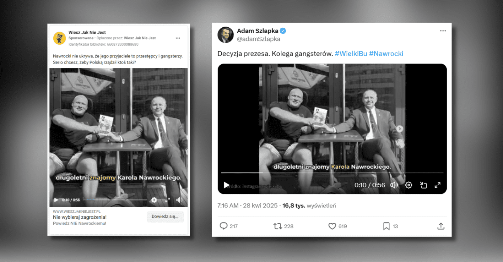 Zrzuty ekranu z dwóch filmów obok siebie, pokazują identyczny kadr. To uścisk dłoni Karola Nawrockiego i Wielkiego Bu. Jeden film udostępnił profil Wiesz jak nie jest, a drugi polityk KO Adam Szłapka.