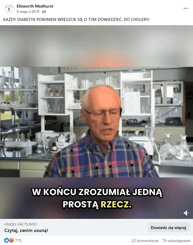 Zrzut ekranu wpisu na Facebooku, na dole klatka z filmu z deepfakiem Zięby, na górze podpis