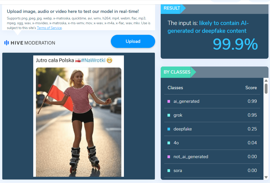Zrzut ekranu ze strony Hive Moderation. Informacja, że grafikę na 99,9 proc. wygenerowało AI.