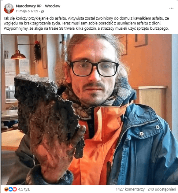Wpis na Facebooku ze zdjęciem mężczyzny z dłonią, do której przytwierdzony jest kawałek betonu. Mężczyzna siedzi w pomieszczeniu, ma na sobie granatową kurtkę z zamkiem błyskawicznym z pomarańczową podbitką