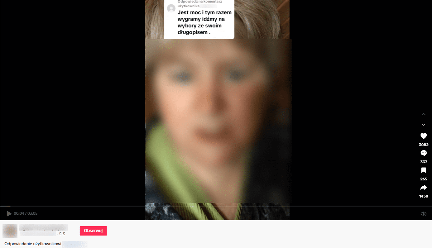 Zrzut ekranu z platformy TikTok, gdzie pojawia się informacja o konieczności zabrania ze sobą świeczki na wybory, w celu zabezpieczenia głosu. 