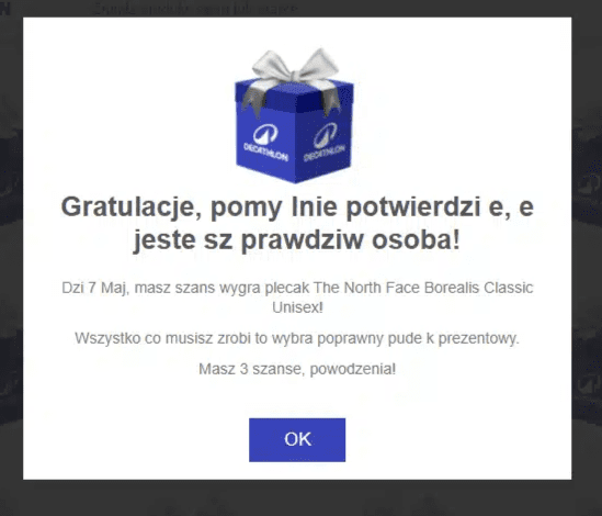 Komunikat ze strony oszustów pozbawiony polskich znaków, informujący o potwierdzeniu, że jest się prawdziwą osobą i że można wziąć udział w losowaniu