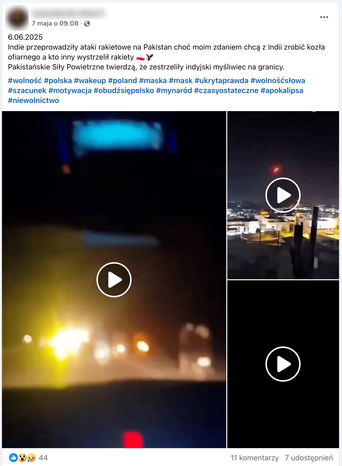 Zrzut ekranu posta na Facebooku. Do posta dołączono trzy filmy. Pierwszy przedstawia wybuch widziany z perspektywy pasażera samochodu. Drugi to wybuchy w tle zabudowań miasta. Kadr trzeciego filmu jest zaciemniony. 44 reakcje, 11 komentarzy, 7 udostępnień.