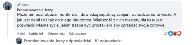 Zrzut ekranu z platformy Facebook, na którym widoczny jest komentarz autora dotyczący rakotwórczego montażu anten 5G. 