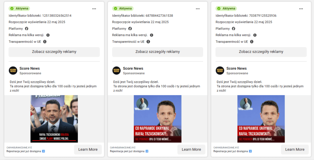 Zrzut ekranu z biblioteki reklam Meta, w której odnaleźliśmy kilka przykładów fałszywych reklam.