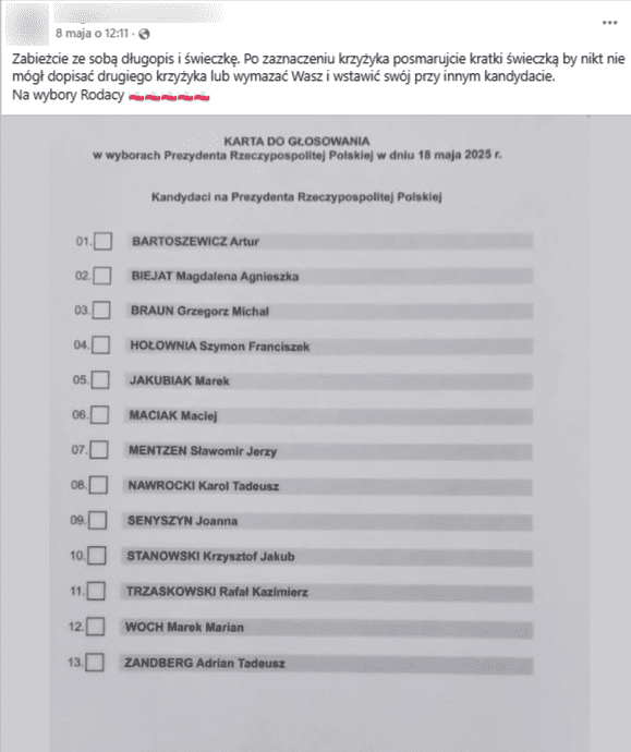 Zrzut ekranu z platformy Facebook, na której widnieje karta do głosowania w zbliżających się wyborach prezydenckich oraz informacja o rzekomej konieczności wzięcia świeczki dla zabezpieczenia swojego głosu. 
