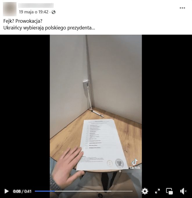 Zrzut ekranu posta na Facebooku. Na górze podpis, na dole klatka z filmu przedstawiająca kartę do głosowania