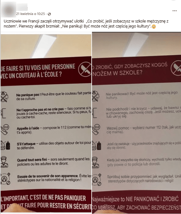 Wpis na Facebooku zawierający zdjęcie ulotki po francusku z grafikami towarzyszącymi każdej z porad. Po prawej stronie znalazło się zdjęcie tej samej ulotki przetłumaczonej na język polski przez Google Tłumacz