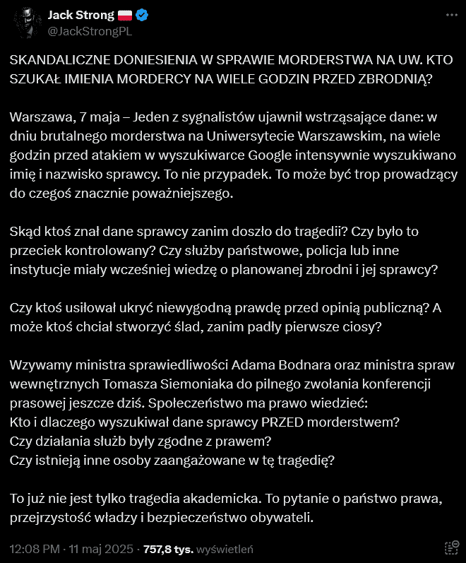 Alt: Zrzut ekranu wpisu na X. Tekst na czarnym tle.