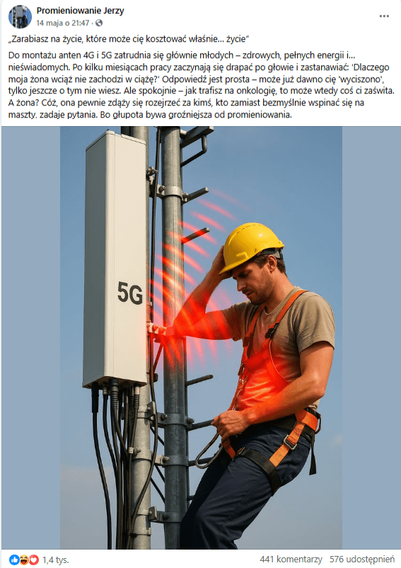 Zrzut ekranu z platformy Facebook, gdzie napisano, że pracowanie przy montażu anten 4G i 5G powoduje raka. 